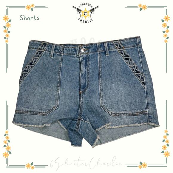 Knox Rose Chevron Embroidered Shorts Front Pocket Women Sz 12 Blue Denim Raw Hem - Picture 1 of 7